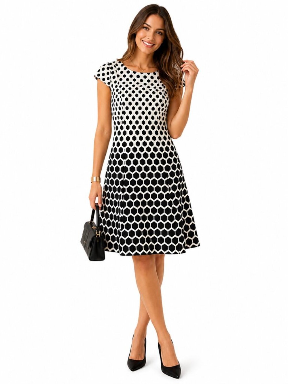 Tahari Arthur S Levine Geometric Fit Flare Dress Womens 6 Black Ivory NWT